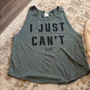 PINK Victoria's Secret Sz Large Tank Top - Olive Green & Black “I Just Can’t”